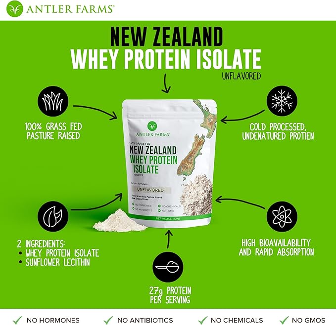 Antler Farms - 100% Grass Fed New Zealand Whey Protein Isolate, Unflavored, 2 lbs - Pure and Clean