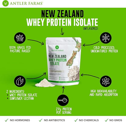 Antler Farms - 100% Grass Fed New Zealand Whey Protein Isolate, Unflavored, 2 lbs - Pure and Clean