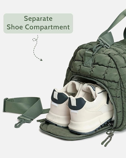 Quilted Duffel Bag for Women, Puffer Gym Duffle Bag with Shoe Compartment Lightweight Large
