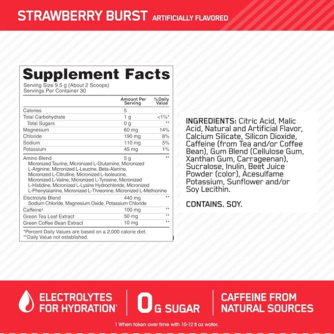 Optimum Nutrition Amino Energy Powder Plus Hydration, with BCAA, Electrolytes, and Caffeine