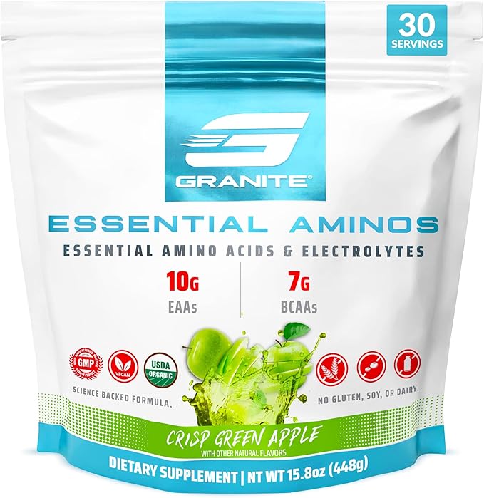 Granite Essential Amino Acids Powder, Green Apple Flavor, with 10g EAAs and 7g BCAAs, Supports