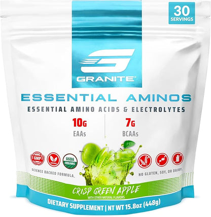 Granite Essential Amino Acids Powder, Green Apple Flavor, with 10g EAAs and 7g BCAAs, Supports