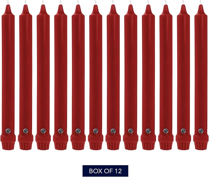 Colonial Candle Unscented Taper Candle, Classic Collection, Red, 8 In, Pack of 12 - Up to 6 Hours