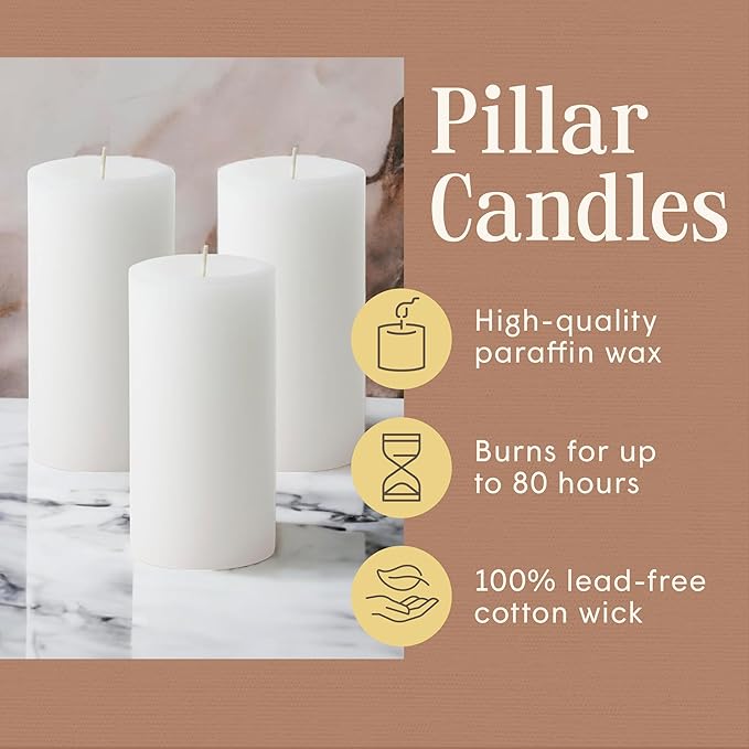Mister Candle Dripless Unscented Pillar Candles, Set of 3 Hand Poured White Solid Color Non-Scented