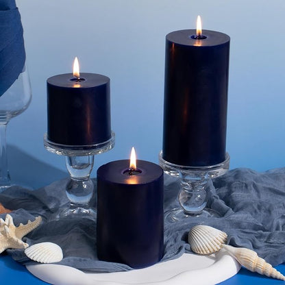 KONNI Navy Blue Pillar Candles Set of 3, 3"x 3" Unscented Pillar Candles Bulk, 30 Hours Long