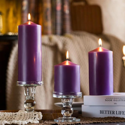 MOZEAL 3" x 4" Hand-Poured Unscented Purple Pillar Candles,Dripless Candles Set of