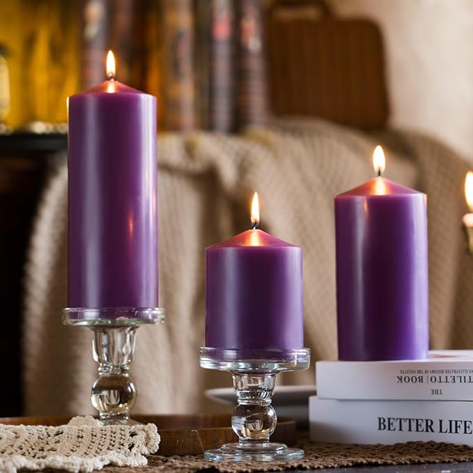MOZEAL 3" x 8" Hand-Poured Unscented Candles,Large Purple Pillar Candles Set of 2,No Drip,Approx