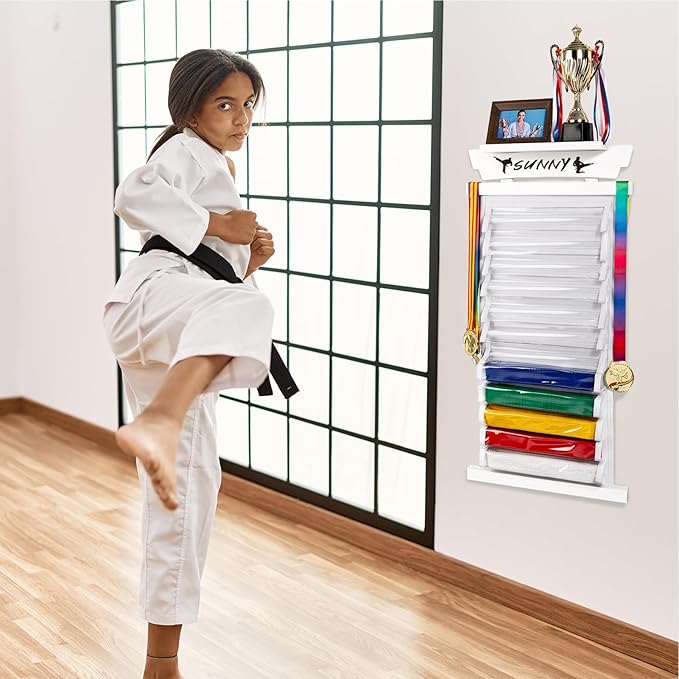 Tilhumt 12/10 Belts Karate Belt Display Rack with Stickers, Taekwondo Belt Display with