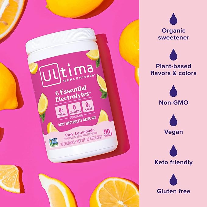 Ultima Replenisher Daily Electrolyte Powder Drink Mix – Sugar Free – Pink Lemonade, 90 Serving