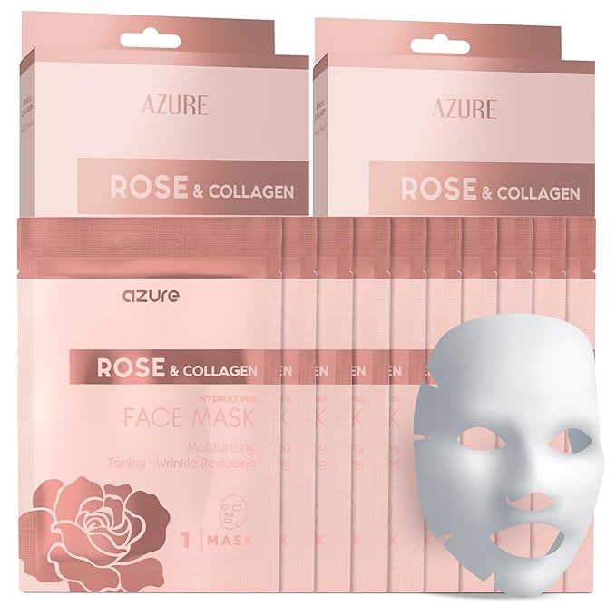 AZURE Rose & Collagen Hydrating Facial Sheet Mask - Toning, Lifting & Deeply Moisturizing - Reduces