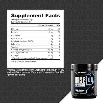 NutraBio Base Pre-Workout Powder 200mg Caffeine, Sustained Energy, Focus, Endurance, Pump, Sugar