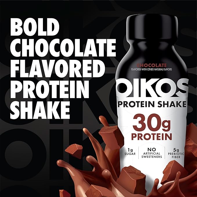 Oikos Protein Shake, Chocolate, 30g High Protein Drinks, Shelf Stable, Ready to Drink, 5g Prebiotic