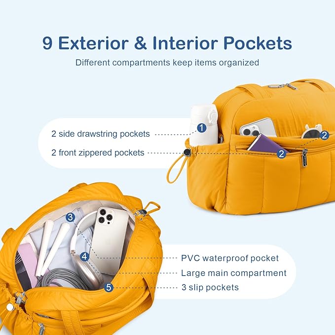 TOPDesign Travel Duffel Bag for Women, Puffer Gym Bag Sports Tote with Wet Pocket, Carry On