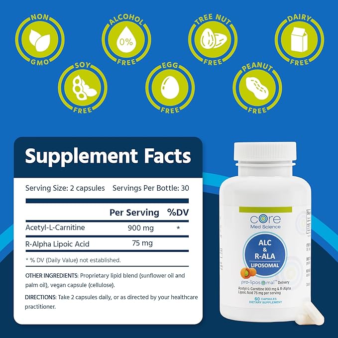 Core Med Science Liposomal ALC & R-ALA Supplement Capsules - Acetyl-L-Carnitine (900mg) & R-Alpha