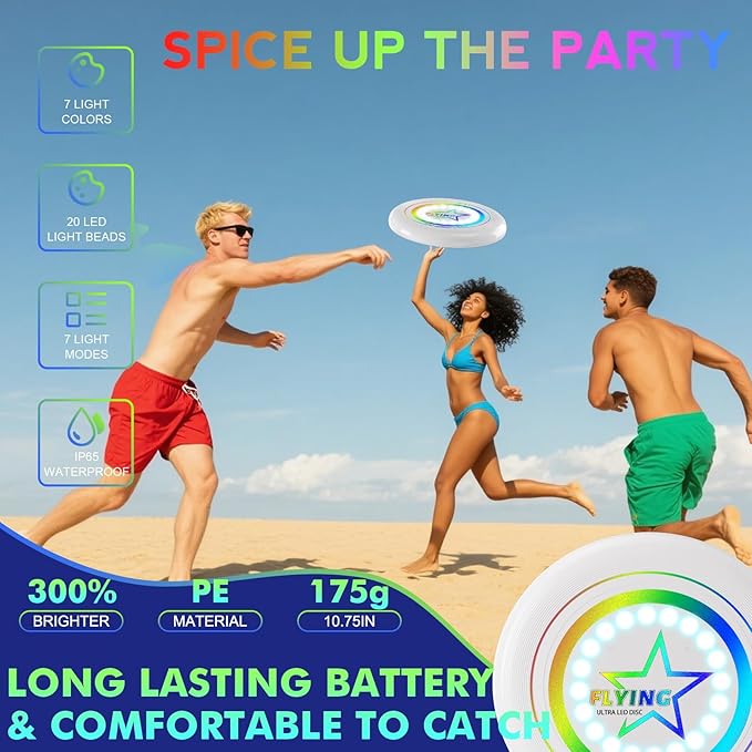 Pro LED Flying Sport Disc Toy for Kids Adults, 7 Dynamic Modes Glow in The Dark Fiying Ring, 175