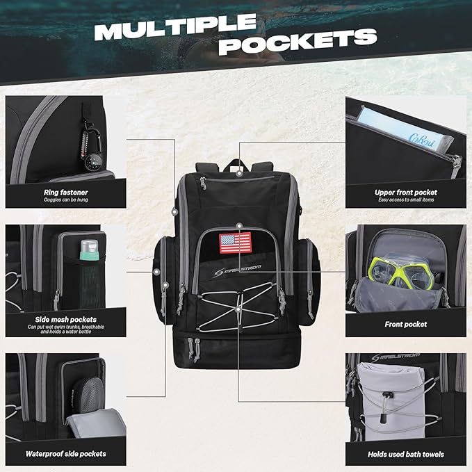 Maelstrom Swim Backpack,35L Swimming bag with Separate Shoes Compartment,Swim Gear Bag,Athlete Gym