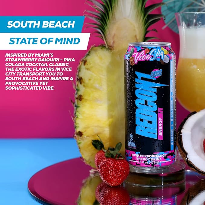 REDCON1 Energy High Performance Drink, Vice City - Zero Sugar Energy Drink with Alpha GPC Nootropic