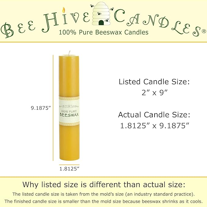100% Pure Beeswax Pillar Candle (2" x 9") | Natural Beeswax Candles | Soy, Paraffin & Fragrance