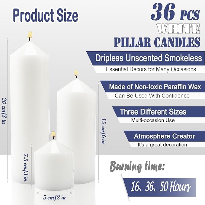 36 Pcs White Pillar Candles Bulk Set，Hurricane Candlesï¼? Different Lengths (12 Each)，Dripless