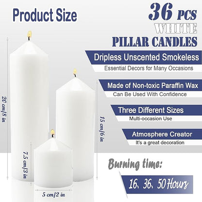 36 Pcs White Pillar Candles Bulk Set，Hurricane Candlesï¼? Different Lengths (12 Each)，Dripless