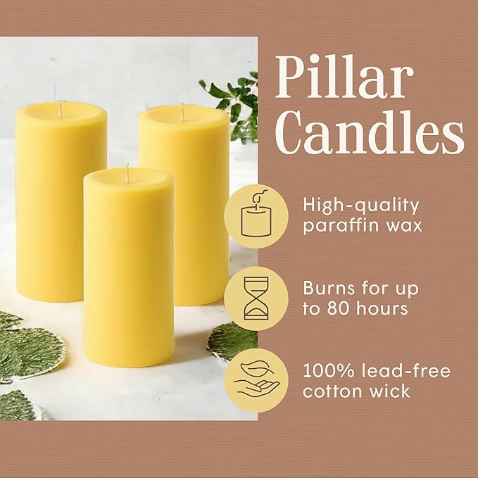 3" x 6" Yellow Pillar Candles (Set of 3) Unscented, Solid Color, Hand Crafted Weddings, Home