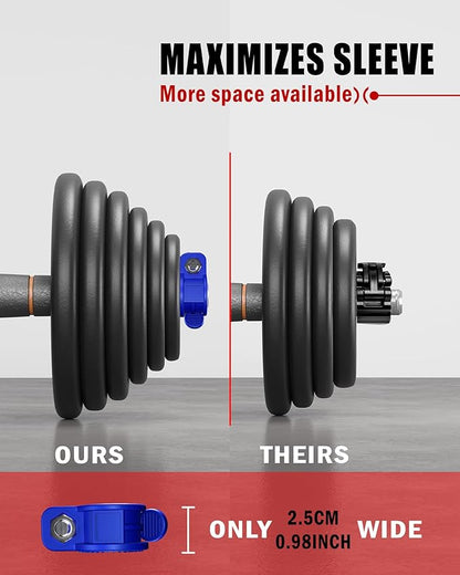 Narrow Barbell Clips 2.5cm Width for Olympic Bars, 0.9-1.18inch Adjustable Weight Clamps, Quick
