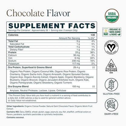 Ora Organic Vegan Protein Powder - 23g Plant Protein for Women and Men - Chocolate Flavor 20