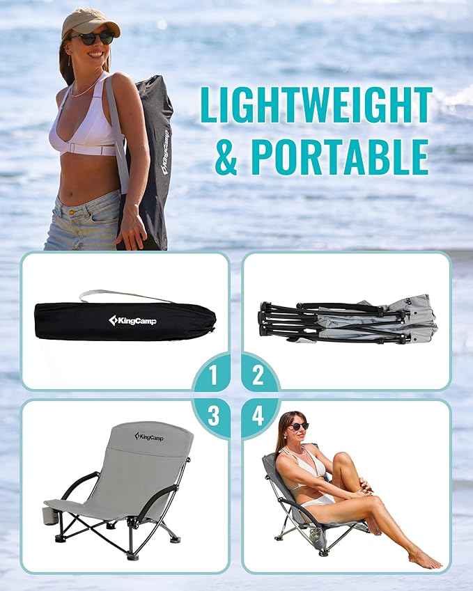 KingCamp Low Beach Chairs, Portable Folding Chair for Adults Extra Wide Ergonomic High Back Seat