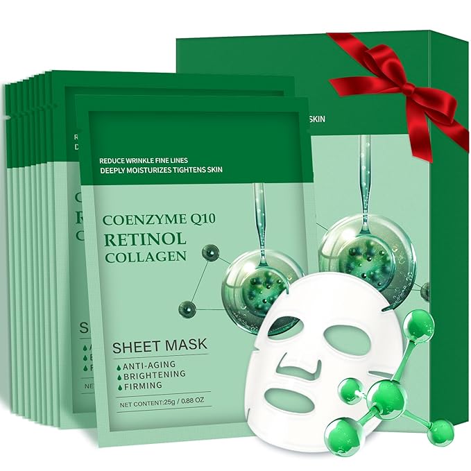 Pack of 10 Collagen Face Mask, Face Masks Skincare with Coenzyme Q10 Retinol Anti Aging Facial