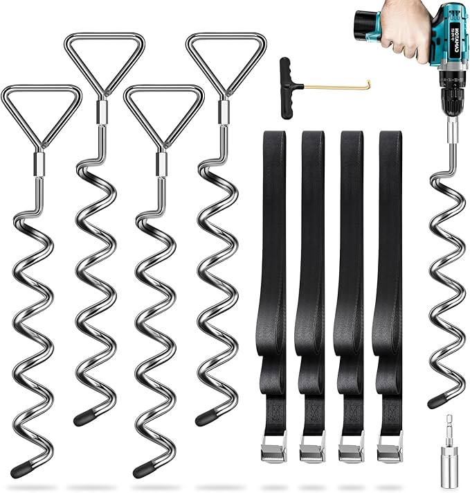 Trampoline Stakes Heavy Duty Trampoline Anchors Kit, Spiral Screw In Ground Anchors with Straps