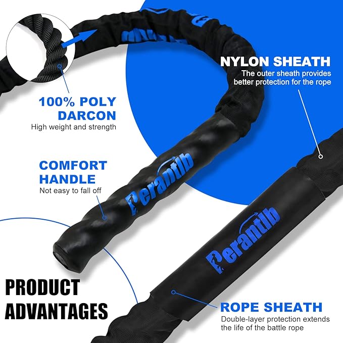 Perantlb Battle Rope With Wear-Resistant Nylon Protective Sleeve - Heavy Battle Rope for Strength