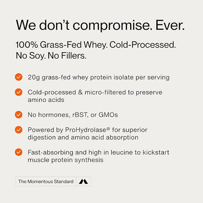 Momentous Essential Grass-Fed Whey Protein Powder - 20 g Whey Isolate Protein - NSF Certified for