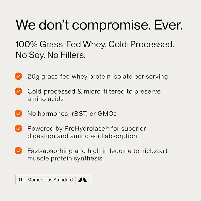 Momentous Essential Grass-Fed Whey Protein Powder - 20 g Whey Isolate Protein - NSF Certified for