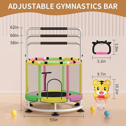 Trampoline for Kids, Adjustable Baby Toddler Trampoline with Basketball Hoop, Round Bottom Indoor