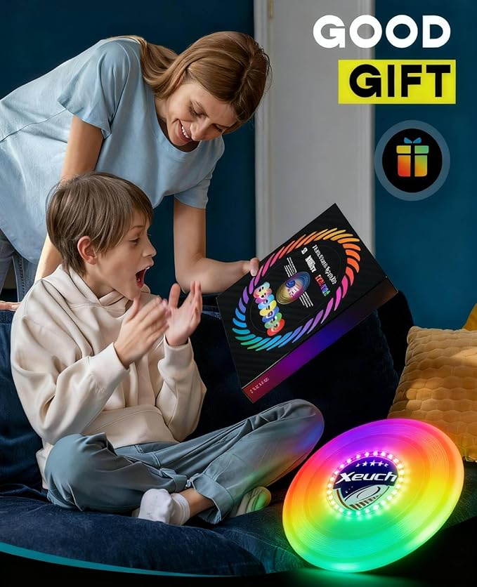 2 Pack Flying Disc, Glow Frisbee with 30 RGB LEDs, 16 Light Modes and 4 Brightness, 6-Hour