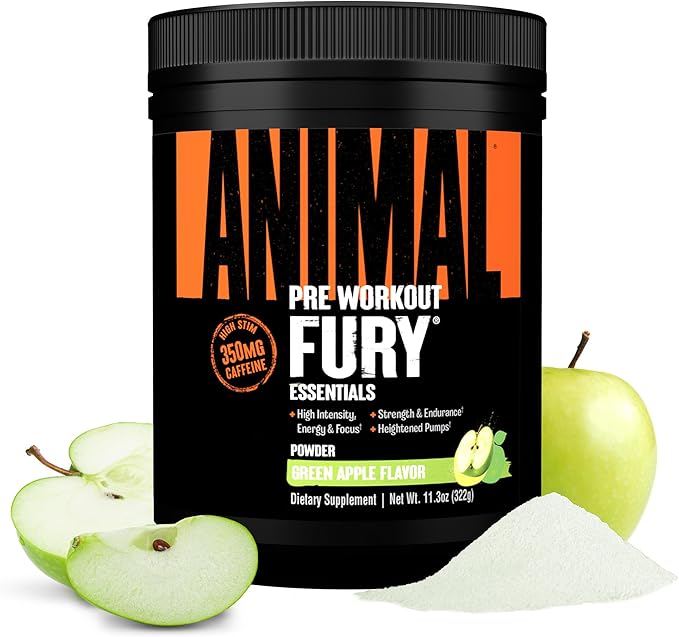 Animal Fury Pre Workout Powder - Green Apple, 350mg Caffeine, BCAA Amino Acids, 2g Beta Alanine