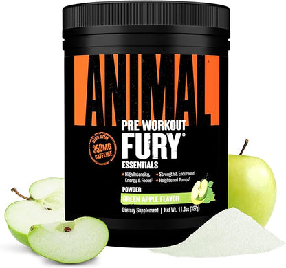 Animal Fury Pre Workout Powder - Green Apple, 350mg Caffeine, BCAA Amino Acids, 2g Beta Alanine