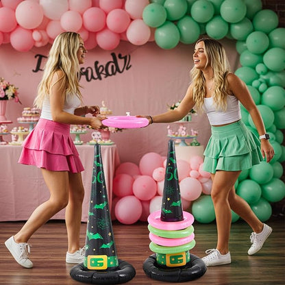 Leitee 10 Pcs Halloween Inflatable Witch Hat Ring Toss Game Set Carnival Pink and Green Inflatable