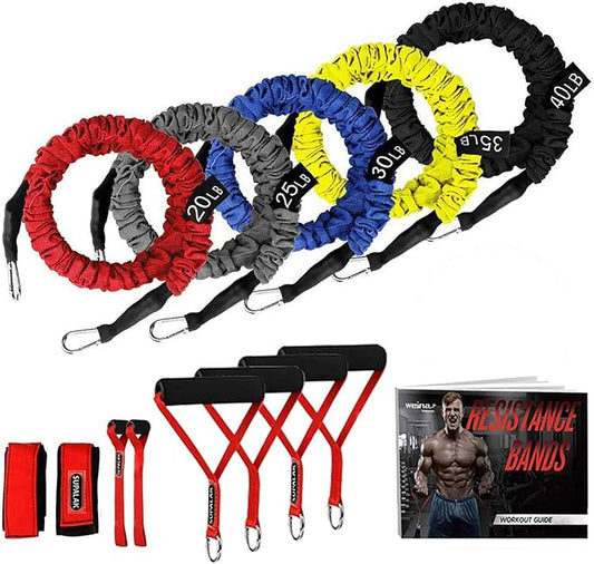 Resistance Bands, 15 Pieces Exercise Elastic Bands Set, 20lbs to 40lbs Resistance Tubes with Heavy