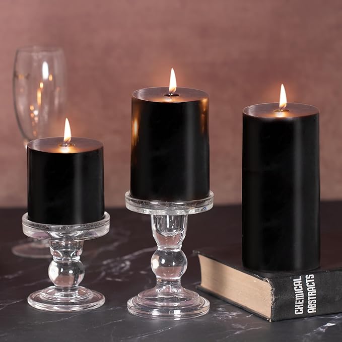 KONNI Black Pillar Candles Set of 3, 3"x 6" Unscented Pillar Candles Bulk, 56 Hours Long Burning