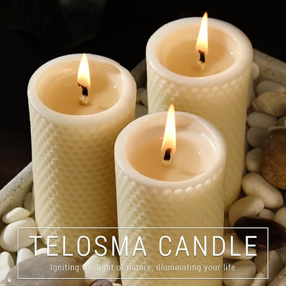 Pure Natural Beeswax Pillar Candles Bulk - Pack of 6 - Honeycomb Surface, No Scent- for