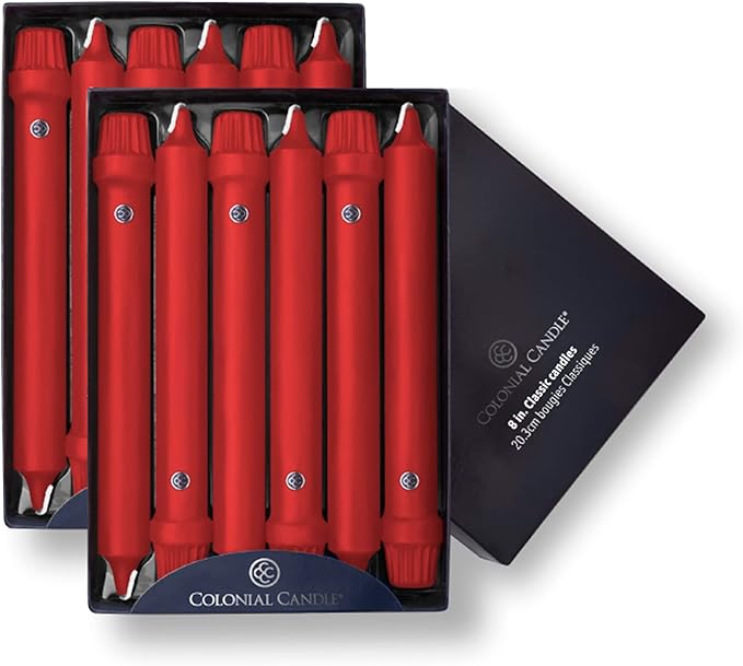 Colonial Candle Unscented Taper Candle, Classic Collection, Red, 8 In, Pack of 12 - Up to 6 Hours