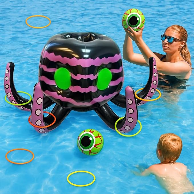 GIFTEXPRESS Sea Creature Octopus Ring Toss Game 4-in-1 – Halloween Candy Bowl, Basketball Hoop