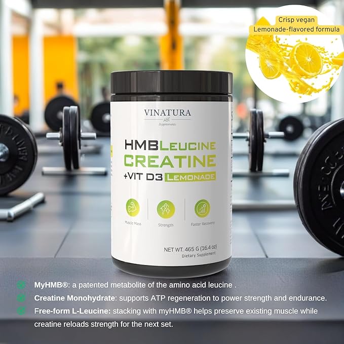 HMB Creatine Leucine Powder - 5g Creatine Monohydrate, 3g HMB Supplement, 3g L-Leucine - Vitamin