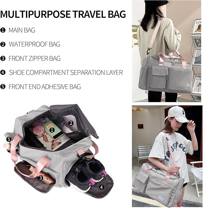 Travel Duffel Tote Bag with Dry Wet Separation Pocket, Weekender Bag for Women and Men，Waterproof