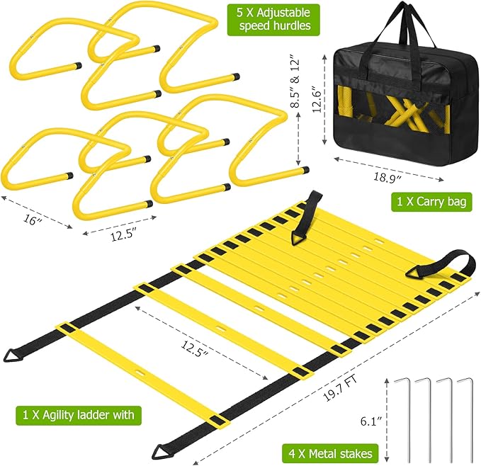 Speed and Agility Training Equipment: 5 Adjustable Agility Hurdles. 20ft Agility Ladder, Soccer