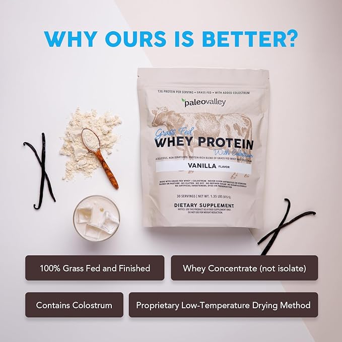 Paleovalley 100% Grassfed Whey Protein Powder with Colostrum, 13g Protein, Vanilla, Muscle