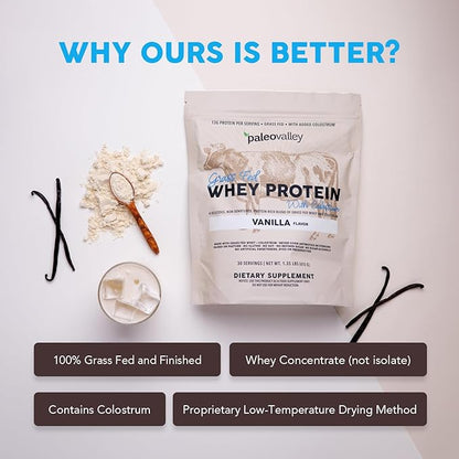 Paleovalley 100% Grassfed Whey Protein Powder with Colostrum, 13g Protein, Vanilla, Muscle