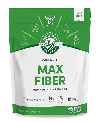 Manitoba Harvest Hemp Yeah Organic Max Fiber Protein Powder, Unsweetened, 32oz, with 13g of Fiber