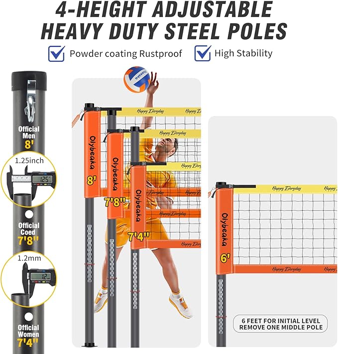 Outdoor Portable Volleyball Net Set for Backyard Beach with Adjustable Heavy Duty Poles, Durable